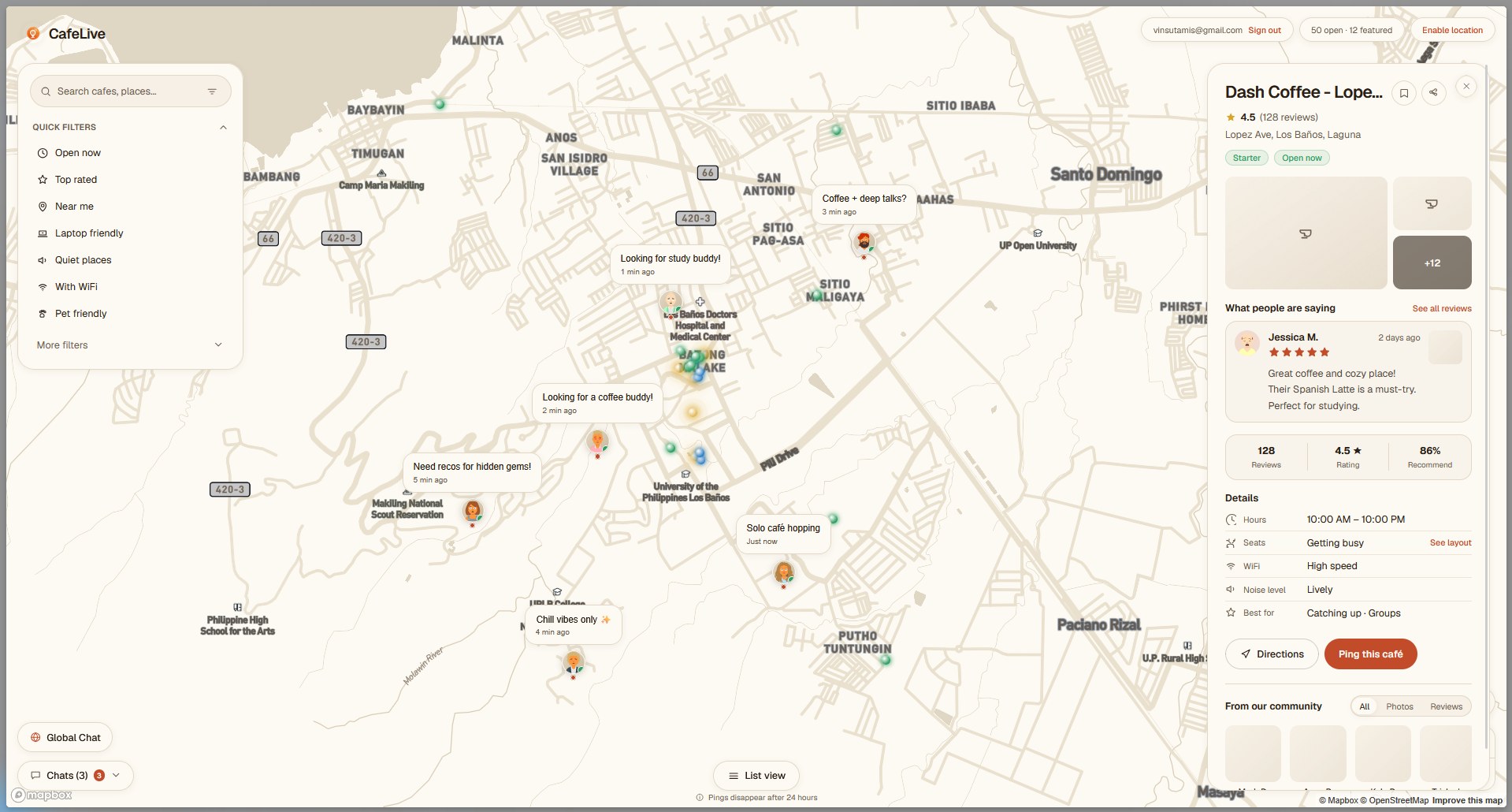 CafeLive map view showing tiered café pins across a city map