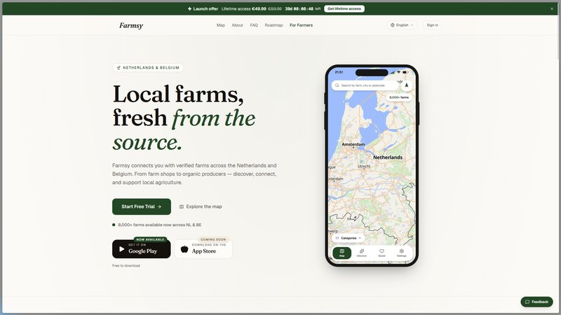 Farmsy homepage showing the interactive farm map and native iOS app screen